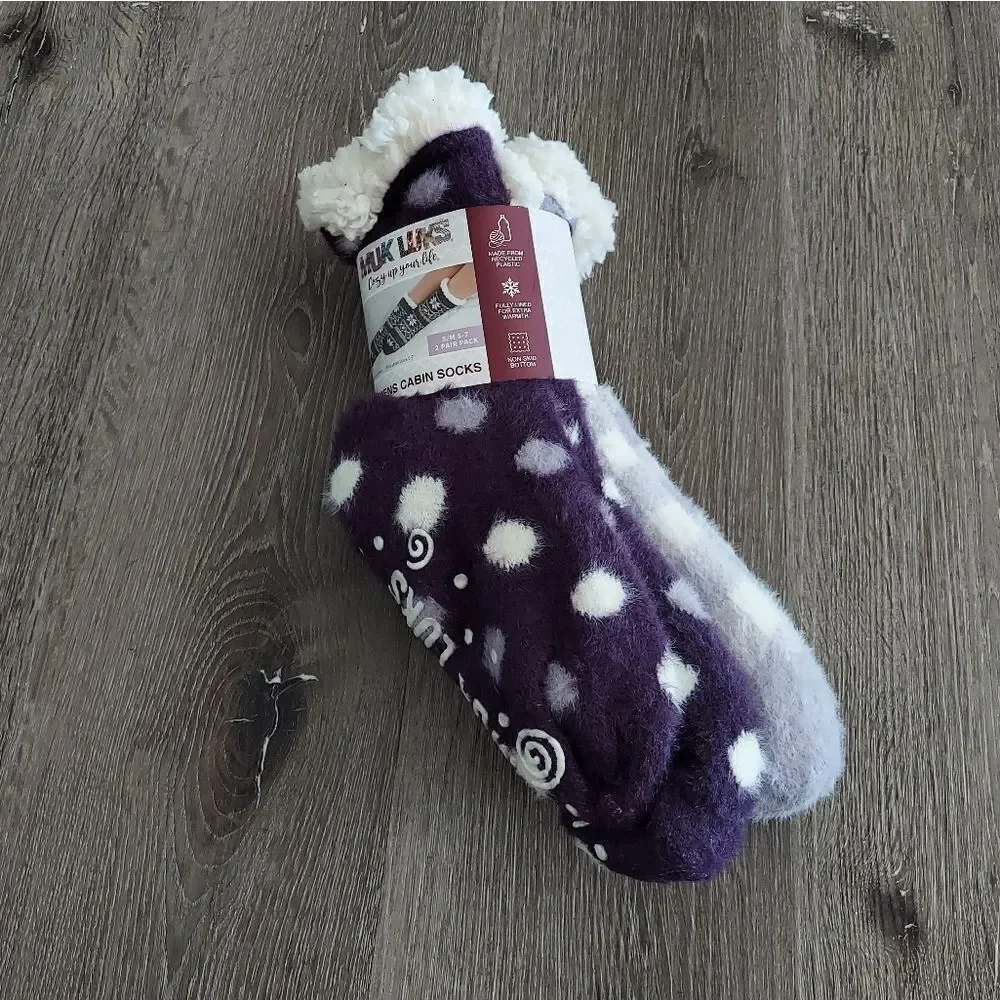 Muk Luk Womens Cabin Socks 2 Pair Purple Polka Dot & Purple/White Plaid S/M 5-7